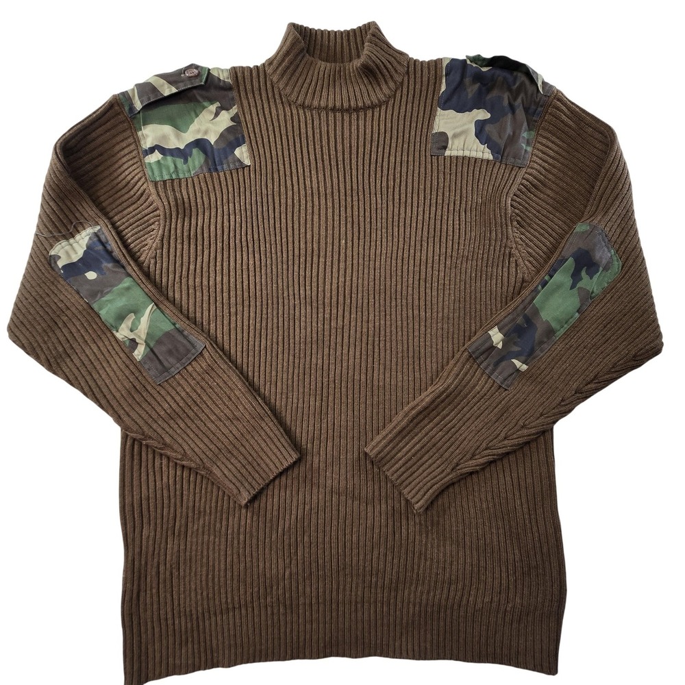F-16C‎ Sweater Mens L Brown Turtleneck Pullover Chunky-Knit Camo Patches